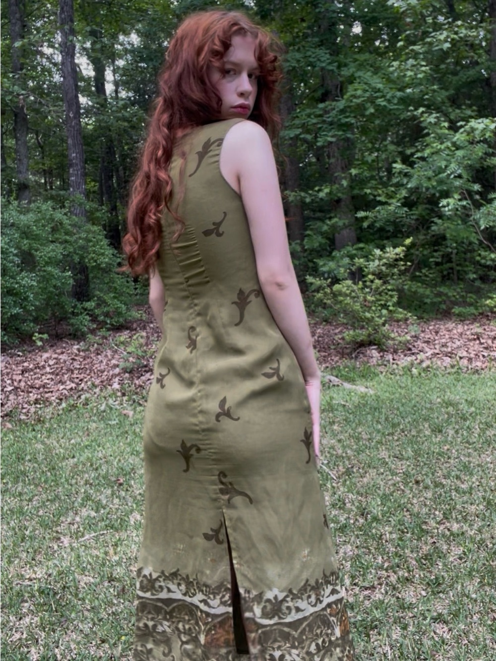 Vintage Olive Green Maxi Dress with Botanical Hem - Picture 2 of 3